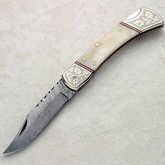 Damascus Knife w/ Bone Scales & Nickel Bolsters