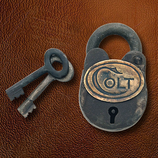 period correct replica Colt Padlock is a rusted, working steel lock perfect for antique firearms or lockbox, includes 2 keys