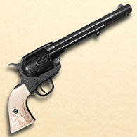 non-firing replica 1873 .45 Caliber Cavalry Style revolver has simulated ivory grips, the ability to cock the gun and spin the chamber