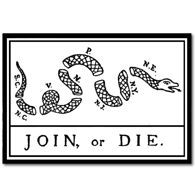 “Join, or Die” flag depicts a snake cut into eight pieces. Indoor/Outdoor Polyester with brass grommets. Measures 3' x 5'.