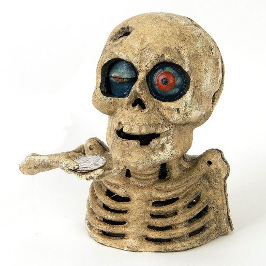 Moving Eyes Skeleton Skull Cast Iron Money Box Coin Bank 