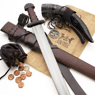 The Viking Explorer Box with Sword, leather belt and scabbard, drinking horn with frog, leather pouch with coins and a pewter raven necklace