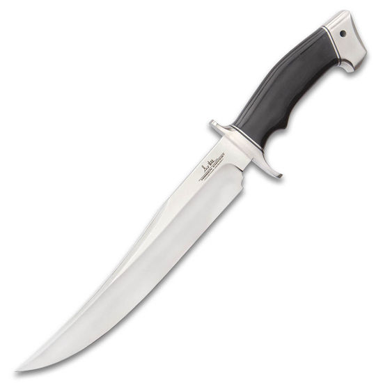 Hibben Arizona Bowie Knife with upswept clip point blade, satin-finished, stainless steel guard and ergonomic black linen Micarta handle