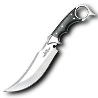 Gil Hibben Recurve Karambit Knife with full tang blade, karambit style open-ring pommel and black linen Micarta scales