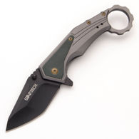 Wartech Assisted opening ring folder pocket knife with Karambit handle, ambidextrous thumb studs, and removable belt clip.