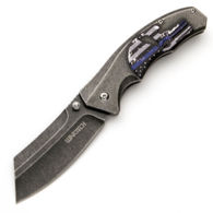 Wartech Skull Stone Washed Folder has cleaver shaped stainless steel blade, ambidextrous thumb studs, removable pocket clip