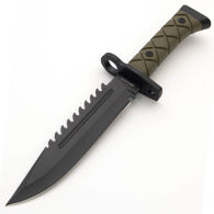 Wartech Tactical Hunting Knife has a commando look with a black blade, bayonet-style guard, and green rubber grip