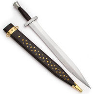 Hoplite replica sword by Windlass has leather-covered wood grip, steel guard and pommel and includes leather-covered wood scabbard
