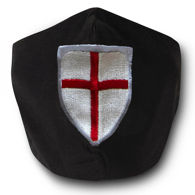 Black Cotton Face Mask with silk embroidered Crusader Shield, adjustable straps and pocket for disposable filter