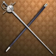 Musketeer rapier has nickel plated ambidextrous basket hilt, twisted wire grip, high carbon steel blade and includes scabbard