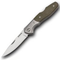 Boker Magnum Nice lockback pocket knife has 7Cr17MoV stainless steel blade, stainless steel bolsters, olive green Micarta scales