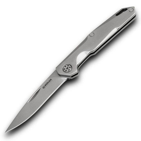 Boker Magnum Shiny EDC pocket knife has 8Cr13MoV stainless steel blade, stainless steel handle and lanyard hole