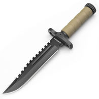 Boker Magnum M-Spec Survival Knife has black 7Cr17MoV steel Bowie blade with sawback, rubber coated handle and backsaw.