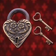 large romantic brass and iron heart-shaped padlock measures  4-1/4” x 3”, fully working with two brass keys