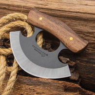 Bushmaster Bushcraft Ulu has curved hardwood handle scales secured with brass pins to full profile tang, 1095 high carbon steel blade