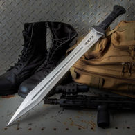 Sharp stainless steel blade on Honshu Gladiator Sword has fuller and weight-reducing thru-holes
