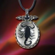 This pendant holds an acrylic stone with a black scorpion, hanging from an 18” vinyl thong with adjustable clasp 