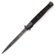 rib-tickler stiletto style knife is over a foot long when open, has integral finger guards and integral thumb tab for easy closure