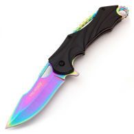 Dark Breeze assisted opening knife has stainless steel drop point blade with rainbow finish, integral flipper, removable pocket clip