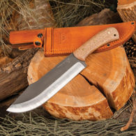 Bushmaster Butcher Bowie Knife has sharp full-tang, clip point blade, hardwood scales, brass pins, lanyard hole, leather sheath