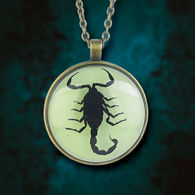 This pendant holds a glowing acrylic stone with a black scorpion, hanging from a 24" long adjustable antique brass chain