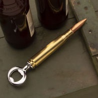 Made from a once-fired .50 caliber casing from US Department of Defense, this bullet bottle opener has a 5-1/2" shell casing 