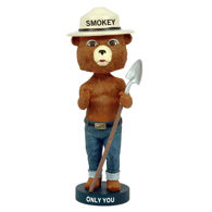 Smokey Bear hand-painted resin bobblehead includes box with important facts about the national symbol of wildfire prevention