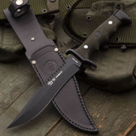 Spanish military-style combat/field knife with full tang saw back clip point blade, checkered ABS handles with finger grooves