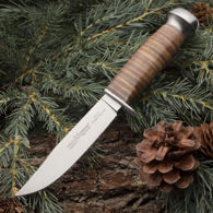 FOX Knives European hunting knife with stacked leather grip and razor-sharp, flat ground 420 stainless steel blade