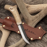Sammi knife made in Finland has reindeer antler handle and high carbon steel blade, with Nordic symbols on the grip and sheath
