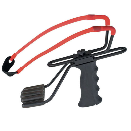Marksman Laserhawk III Slingshot has wrist support, tapered bands, and is compatible with 1/4" and 3/4" steel shot