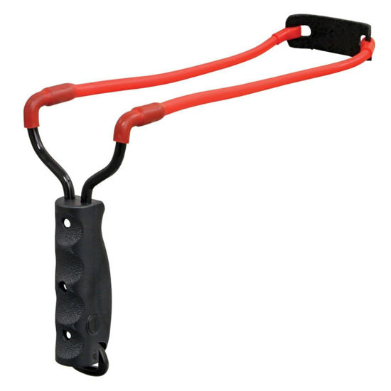 Marksman Traditional Slingshot has tempered steel yoke, tapered bands, and is compatible with 1/4" and 3/4" steel shot