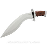 Hibben Kukri Fighter Knife with sharp 5Cr15MoV steel blade, dark brown pakkawood finger-grooved handle, and chrome-plated pommel