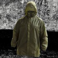 military surplus lightweight hooded jacket, rust-resistant nylon zipper with storm flap, elastic cuffs, drawstring waist, like new