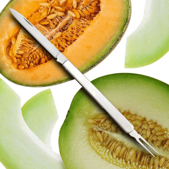 stainless steel melon knife has a thin 3-7/8" blade with folding fork at opposite end, cut your  picnic fruits with tasteful elegance