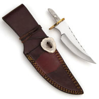 stainless steel Upswept Skinner Blade knife blank has a jimped spine, solid brass guard, leather sheath with stag attachment