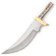 stainless steel long upswept Skinner Blade knife blank is sharp, has attached solid brass guard, and is pre drilled for pins