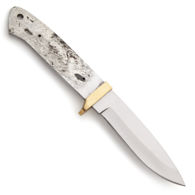 400 series stainless steel medium-length drop point blade with polished solid brass guard, pre-drilled full tang, sharp edge