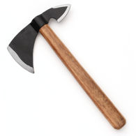 Compact throwing axe has black-coated carbon steel steel blade, sharpened backspike and tapered hardwood handle