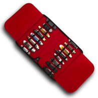 Pocket knife zipper storage Case holds 16 knives has black vinyl exterior, red felt interior, and elastic knife holders