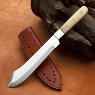 Pathfinder Bowie knife with clip point carbon steel blade, bone scales, includes leather belt sheath