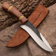 Bushcraft knife with full profile tang carbon steel blade, wood scales with wrapped brass wire, and leather sheath