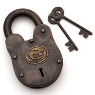 massive antiqued steel lock is fully functional with brass badge "Colt", includes 2 keys similarly antiqued