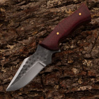 Blacksmith Stubby Custom Hunter has hammer marked carbon steel blade, integral thumb rest, micarta scales, leather sheath 
