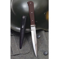 replica German WWII Trench Knife with full tang high carbon steel blade, hardwood grips, black finished metal sheath with clip
