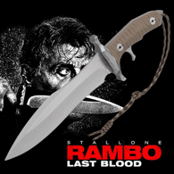 Rambo Last Blood Heartstopper tactical knife has 7Cr17 stainless steel blade, linen micarta scales, stainless steel handguard