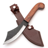 heavy duty short scimitar knife has full-tang carbon steel blade, hardwood grip with brass pins, and rough forged blade 