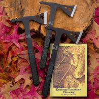 throwing axe kit includes set of 3 Cobra Steel throwing axes, a belt sheath and manual "Knife & Tomahawk Throwing" 