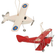 Set of two old-fashioned tin airplane Christmas ornaments, open cockpit bi-plane, and enclosed single wing, props even turn