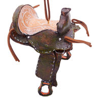 Western Saddle Christmas Tree Ornament is hand painted resin with “tooled” patterns, real leather accents and leather hanger